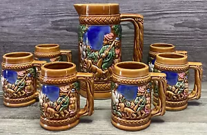 Vintage Ceramic Beer Jug 8 Stein Cups Embossed Hunter And Wife Dog Rabbit Japan - Picture 1 of 11