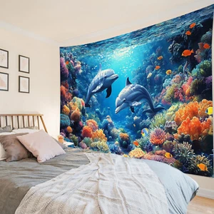 Underwater Animals Dolphin Blue Ocean Tapestry for Bedroom Living Room Dorm - Picture 1 of 15