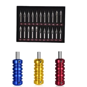 Kit de punta de acero inoxidable para tatuajes de EE. UU. 22 piezas redondo/plano/diamante tubo RT FT DT + 3 empuñaduras - Imagen 1 de 3