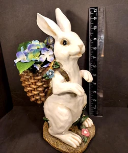 Ceramic White Rabbit Planter w/Basket Backpack 12" Tall Fauz Flowers as Shown - Picture 1 of 3