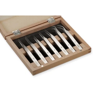 Quality Set 7 Tweezers Wood Box Watchmakers Jewellery Watch Tools Non Magnetic - Picture 1 of 5