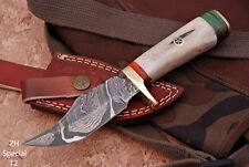 8”Handmade DamascusSteel Fixed Blade w/ bone handle and leather sheath ZH 12