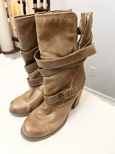 Jessica Simpson Tylera Boots Size 9 Tan Leather Buckle Y2K Chunky Mid Vintage - Picture 1 of 8