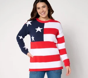 Maglione Denim & Co. Americana 100% Cotone Spalla Goccia Bandiera Rosso Brillante 1X Nuovo - Foto 1 di 1