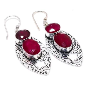 Red Simulated Gemstone Handmade 925 Sterling Silver Jewelry Earring 2.36 " - Picture 1 of 5