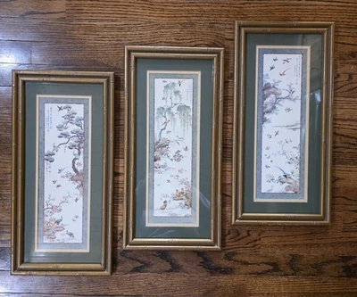 Vintage Asian Framed Art Lot of 3 Birds Tree Praying Mantis 19.25x9.5x1 - Image 1 of 4