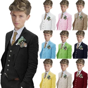 Linen Boy Suits 3 Pieces Summer Formal Wear Wedding Suit Party Jacket Pants Vest - Picture 1 of 25