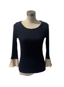 NWOT J Crew Navy knit ribbed top with ivory off white flounce sleeves XS - Picture 1 of 5