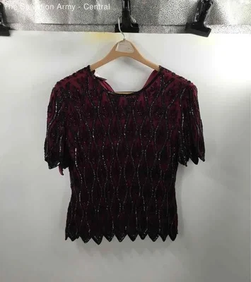Stenay Womens Red Black Sequin Short Sleeve Back Zip Blouse Top Size Large - image 1 of 4