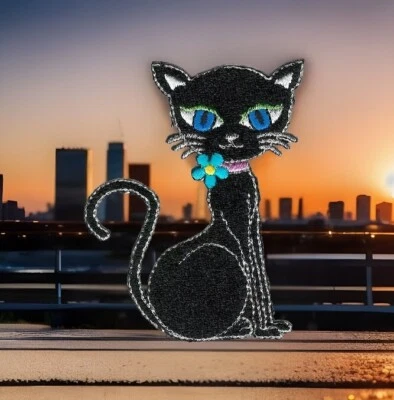 Black Fancy Cat Patch Embroidered Cut out Iron on Sew on - Image 1 of 4