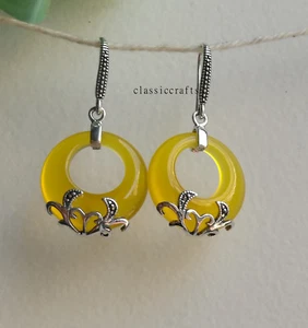 Genuine natural yellow Chalcedony circle in 925 sterling silver dangle earrings  - Bild 1 von 6