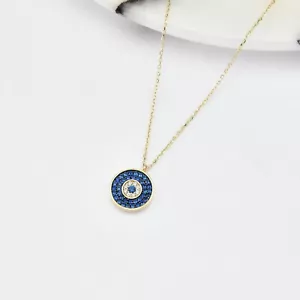 2Ct Lab-Created Round Sapphire Evil Eye Pendant Necklace 14k Yellow Gold Finish - Picture 1 of 4