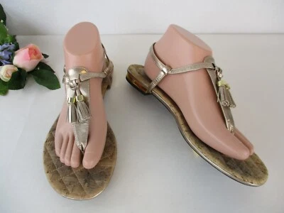 Me Too by Adam Tucker 9.5M Metallic Gold Leather Thong Sandals, Cork Footbed - Image 1 of 4