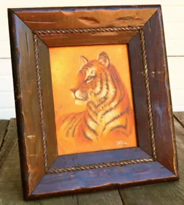 Old TIGER Original Painting REX Tiger Orange Regal Cat Frame Rope Rustic GP - Picture 1 of 12