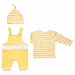Baby Girl Boy Outfit Dungarees Smocked Chicks Gift Set 0-3 Months Top & Hat NWT - Picture 1 of 12