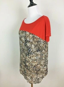 Liz Claiborne Animal Print Shirt Knit Top Petite PL L Pumpkin Orange Stretch - Picture 1 of 8