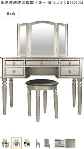 Bobkona St. Croix Feminine Vanity Set  Stool Silver Decor Mirror Storage Drawers