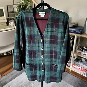 80s Vintage Eccobay Green Plaid Oversized Button Up Cardigan Jacket - Picture 1 of 5