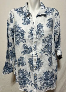 Women Linen Blouse 2X Top Shirt Tunic White Blue Floral New NWT Rachel Zoe - Picture 1 of 5