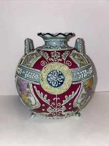 Antique Nippon Royal Moriye Hand Paint Flower Moriage Vase Footed Two Handles - Picture 1 of 10