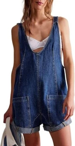 Women Casual Denim Short Overalls Rolled Cuff Barrel Shorts Jumpsuit Rompers New - Picture 1 of 32