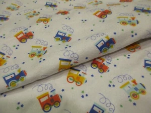 Choo Choo Trains on white Flannel Fabric - 7/8 Yard - Nursery - Picture 1 of 4