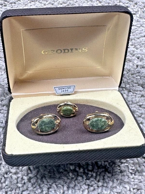Gemelos y corbata vintage Swank Geniune Jade tono dorado elipse ovalada Foto 1 de 4