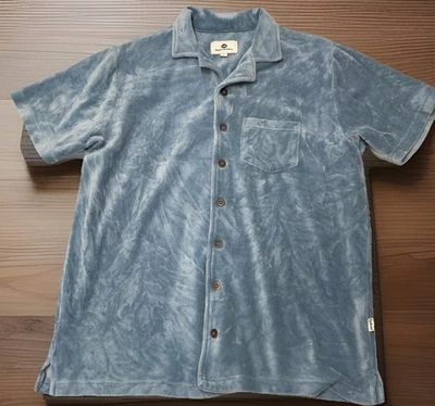 Retro Velour Shirt Mens L Blue Velvet Button Up Short Sleeve Hippie Fayettechill - Image 1 of 4