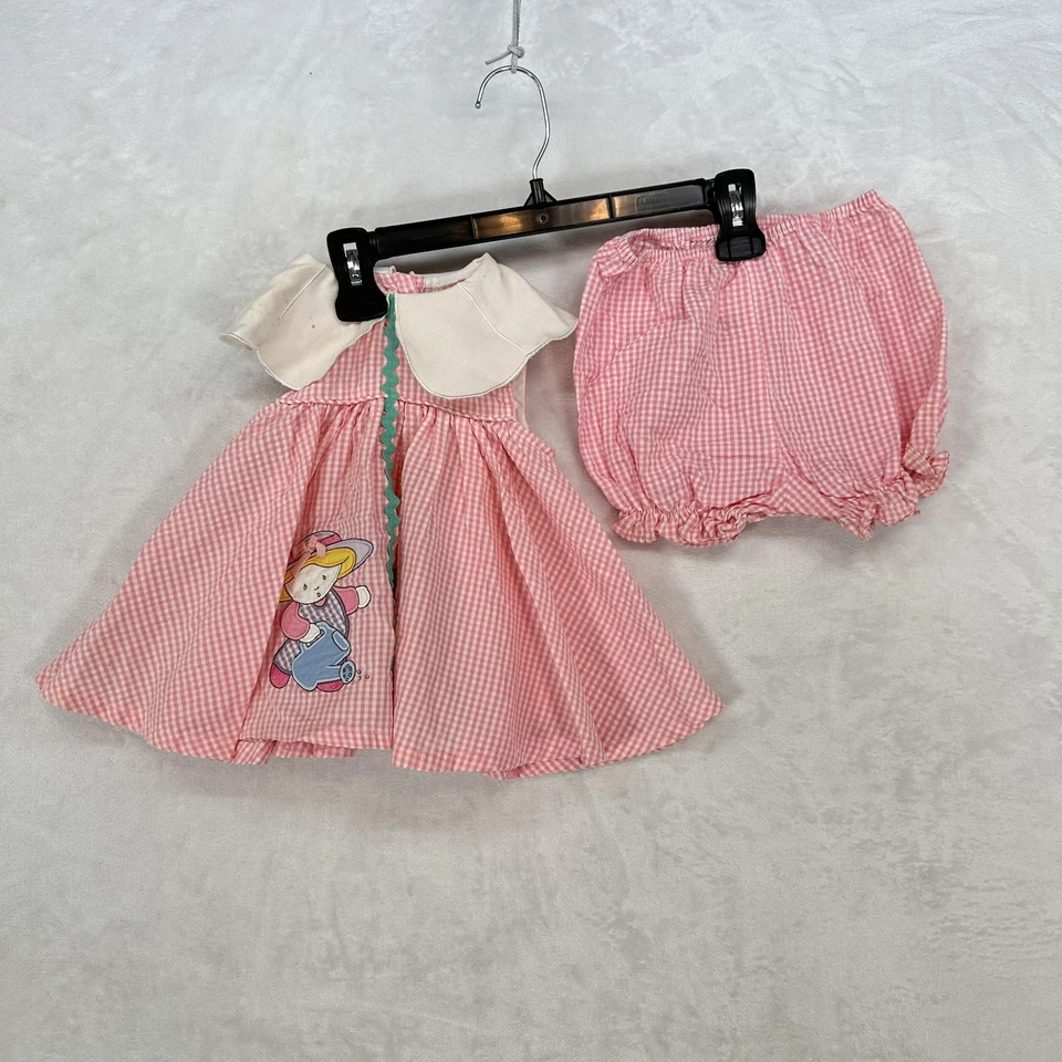Conjunto de Vestido Samara Vintage Niñas 12 Meses Rosa Guinga Bloomers Cuello Peter Pan Foto 1 de 4
