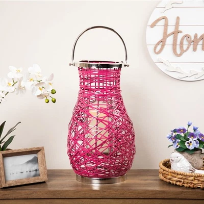 Northlight 18.5" Rosa Fucsia Tejido Hierro Pilar Vela Linterna Vidrio Huracán Foto 1 de 4