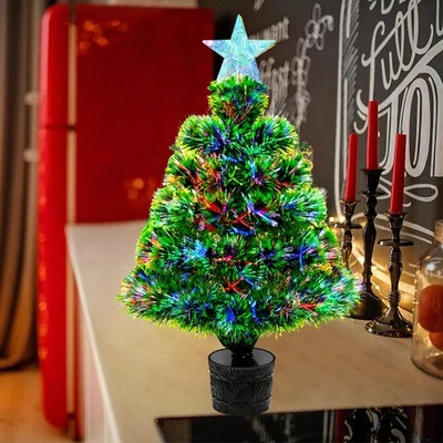 Albero di Natale da Tavolo 55cm fibra ottica con luci LED colorate stella - Immagine 1 di 4