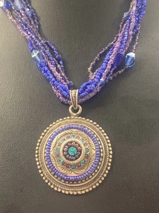Chico's Statement Pendant Necklace Antiqued Silver Tone Blue Glass Beads C3 - Picture 1 of 17