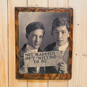 Vintage Decoupage Wood 19th C. Men "Not Married But Willing to Be" Plaque 9 x 11 - Picture 1 of 4