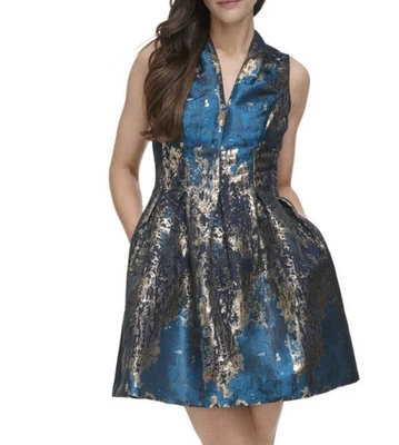 Vince Camuto Womens Jacquard Mini Fit & Flare Dress Size 6 Blue Teal Sleeveless - Image 1 of 4