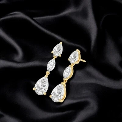 Yellow Gold Earring Stud 4.50 Ct Lab Created Pear and Marquise Diamond 14K  - Image 1 of 4