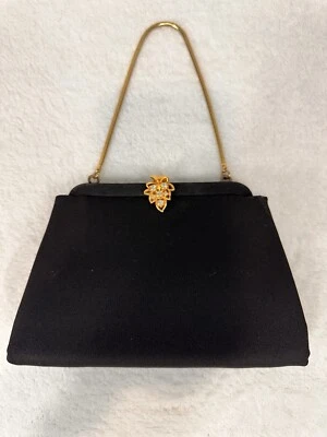 Bolso de Noche Dorado Negro y Satinado Años 50 Hoja de Arce Joya KISS LOCK Bolso de Mano Bolso sin asas Foto 1 de 4