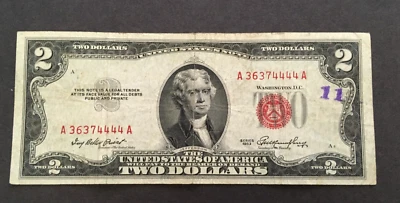 1953 $2.00 TWO DOLLAR RED SEAL NOTE nice circulated A 36374444 A - Image 1 of 2