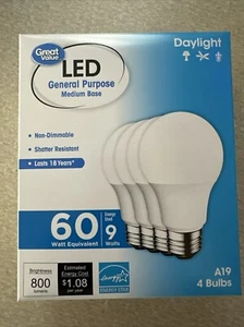 New - 4 A19 LED Light Bulbs 60W Equivalent Non-Dimmable Daylight - 800 Lumens - Picture 1 of 3