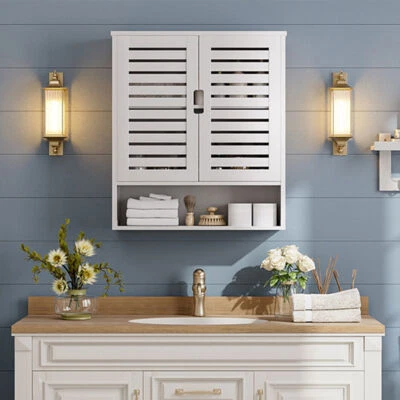 Hanging Wall Mounted Bamboo Cabinet Cupboard Wooden Bathroom Shelves Adjustable - Image 1 of 4