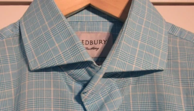 Ledbury Mens Designer Dress Shirt 15.5 Blue White Plaid Check Slim Fit Button Up - Image 1 of 4