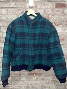 Vintage Woolrich Green Blue Buffalo Plaid Wool Jacket Zip Up Sherpa Lined Large - Picture 1 of 5