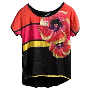 Pleione Top Womens XL Bright Floral Colorblock Satin Blouse Artsy Colorful - Picture 1 of 8