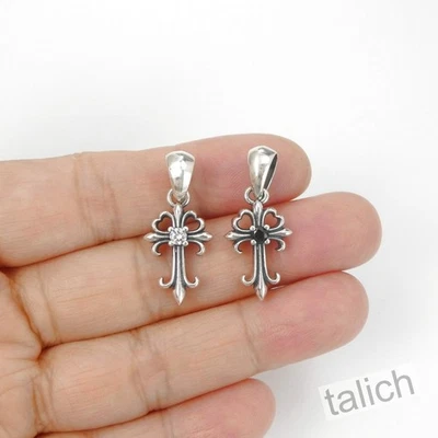 925 Sterling Silver Ornate Gothic Small Cross Pendant with Clear or Black CZ - Image 1 of 4