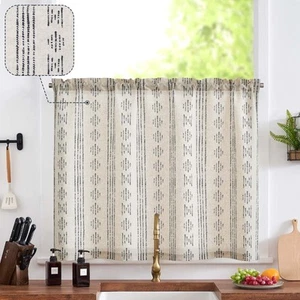Boho Kitchen Curtain Linen Tier Curtain Bohemian Cafe 36 Inch Geometric Strip... - Picture 1 of 8
