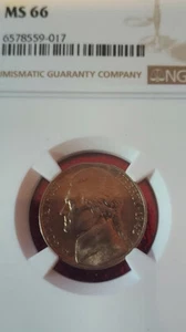 1947-D 5c Jefferson Nickel | NGC MS66, Justice Scale label, cert # 6578559-017 - Picture 1 of 3