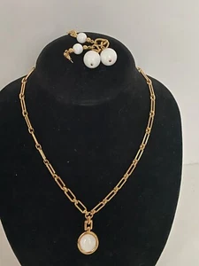 Monet White Bead Pendant 20" & Enamel & Gold & White dangle Earrings DL21 - Picture 1 of 7
