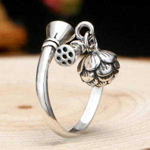 Lotus Rings 925 Silver Gift Gifts Accessories Women Jewelry Adjustable Ring - Picture 1 of 5