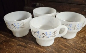 Vintage Termocrisa Milk Glass Tea/Coffee Cups Brown Stems, Blue Flowers - 4 Cups - Picture 1 of 5