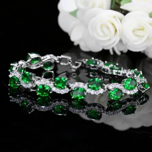 Brazalete brazalete plateado verde circonita cúbica circonita cúbica forma ovalada para mujer fiesta - Imagen 1 de 17