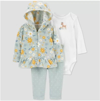 Carter's Newborn Top and Bottom Girls Hooded Floral Fleece 3 Piece Set - Image 1 of 4